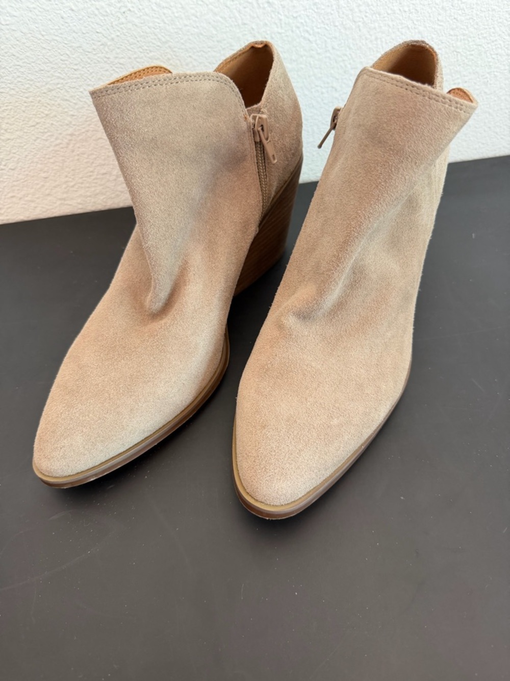 Lucky Brand Tan Suede Pointed Ankle Booties with Stacked Heel